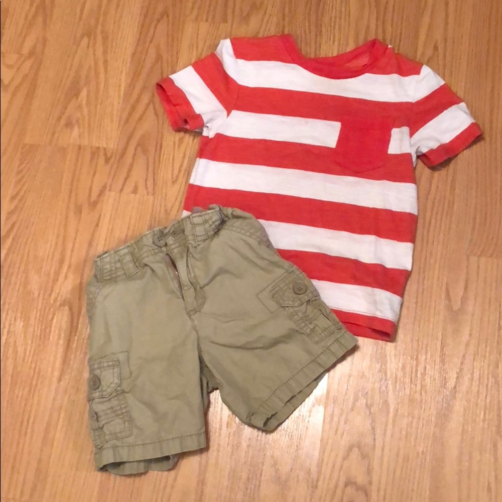 Stripped shirt and khaki shorts